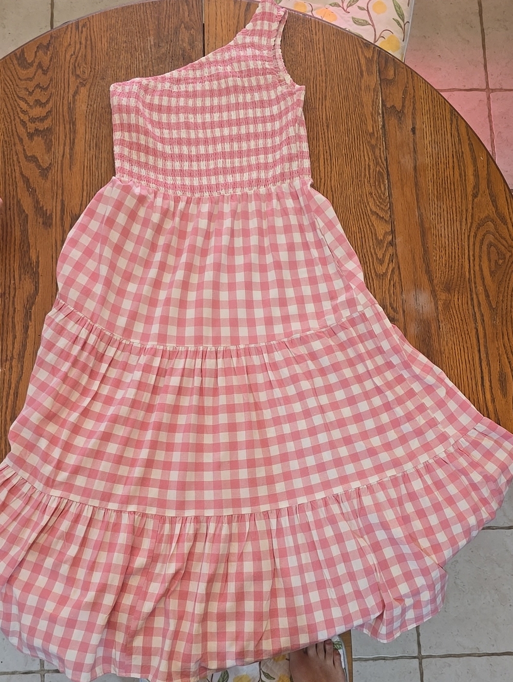 Girls' Pink Gingham One-Shoulder Tiered Dress